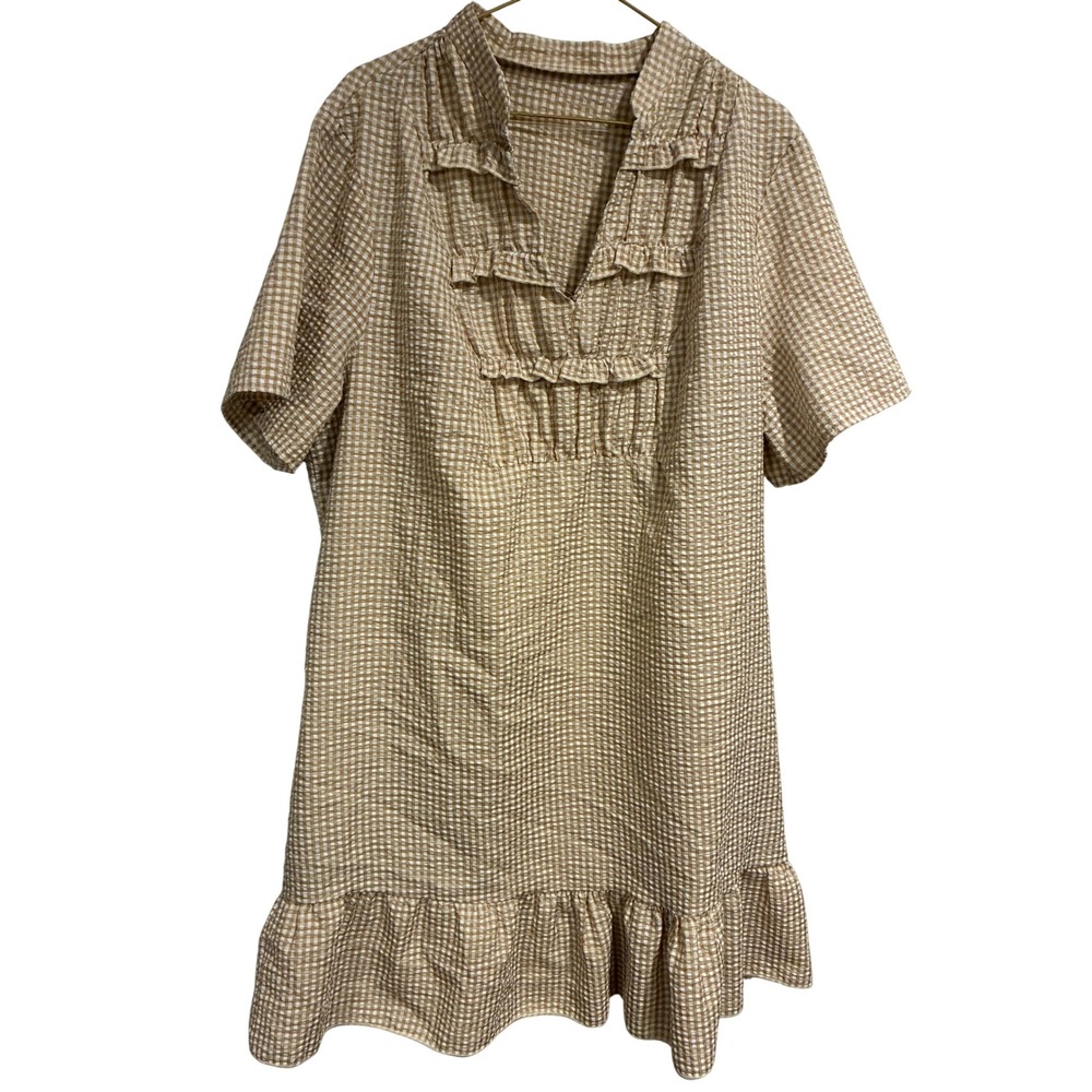 SHEIN Curve Tan White Gingham Ruffle V-Neck Mini Dress 1XL Seersucker Shift